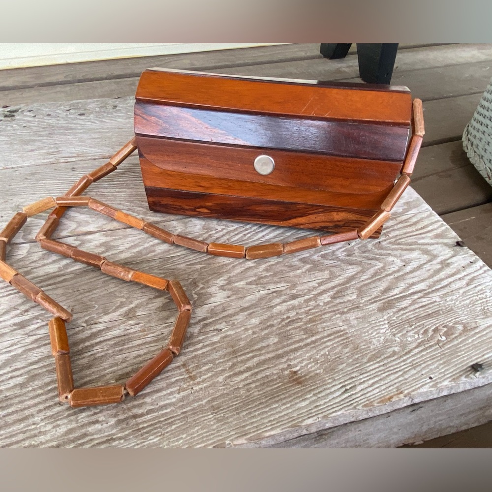 Vintage Wood Slat Purse Wooden Mini Handbag Two Tone Boho